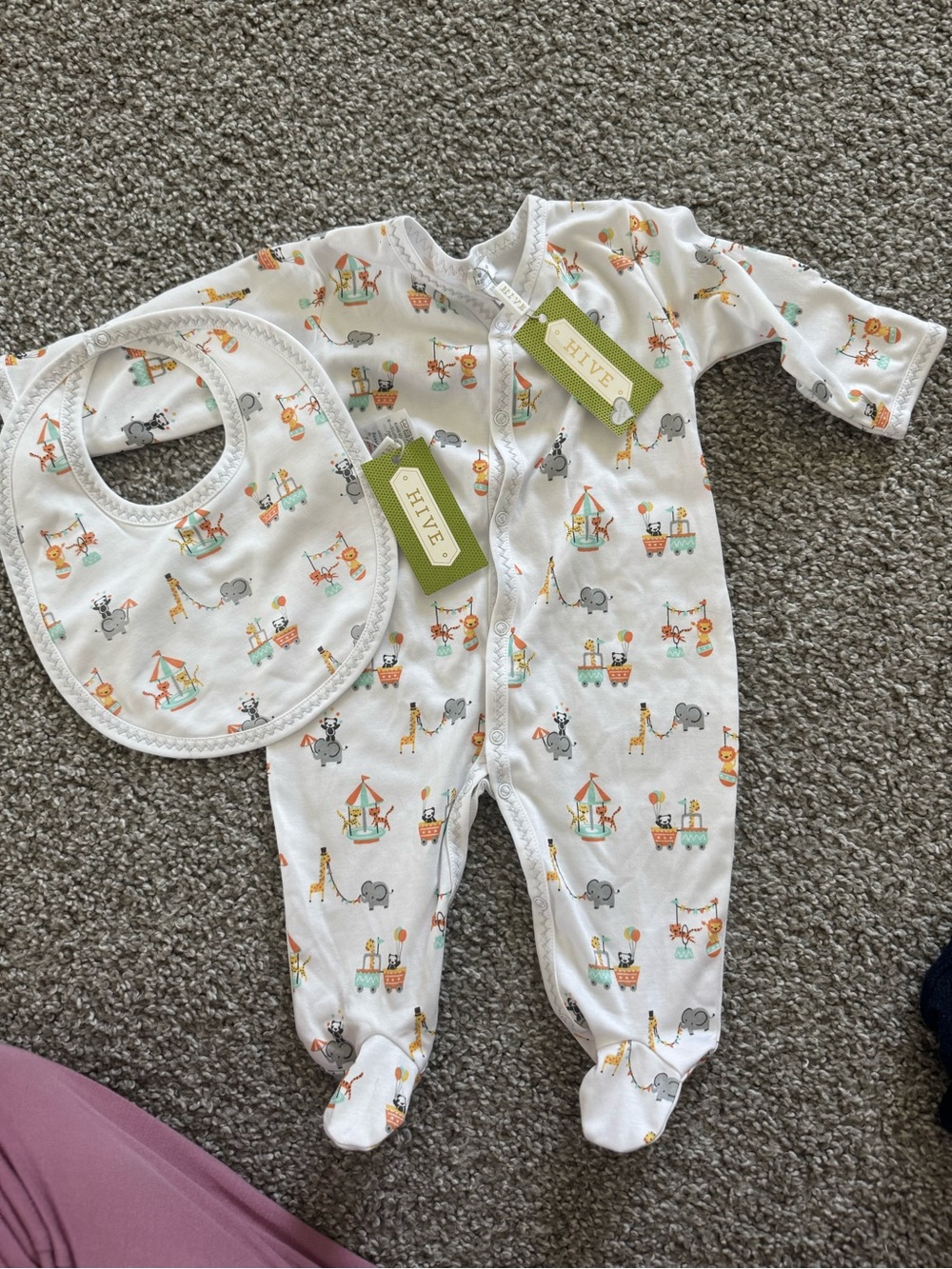 HIVE Baby White Animal Print Footed One-Piece with Bib